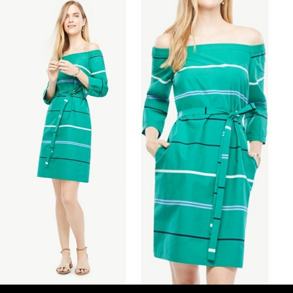 Ann Taylor Dresses & Skirts - Ann Taylor OFF THE SHOULDER STRIPED POPLIN DRESS IN PEPPER GREEN SIZE 4 NWOT.